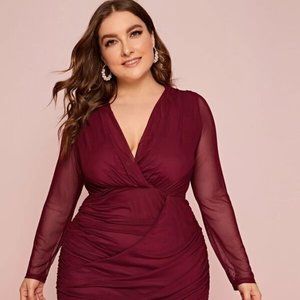 Red Ruched Mesh Dress